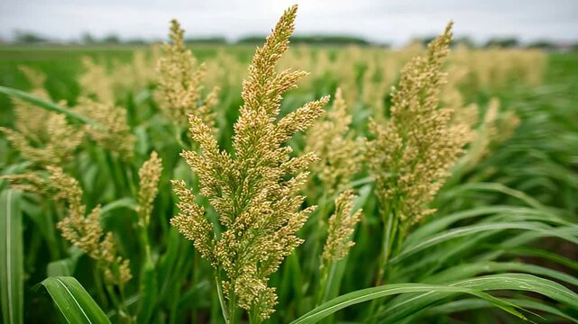 Close up of ripening sorghum heads swaying gently in a vast green field.
