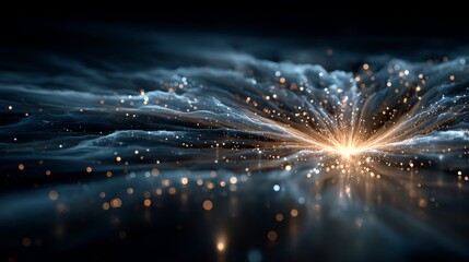 abstract blue particle explosion on dark gradient background, glowing light trails, sense of motion and energy, technology innovation theme