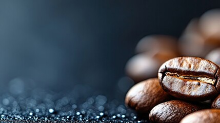Close-up of roasted coffee beans on a dark, textured background with bokeh effect.