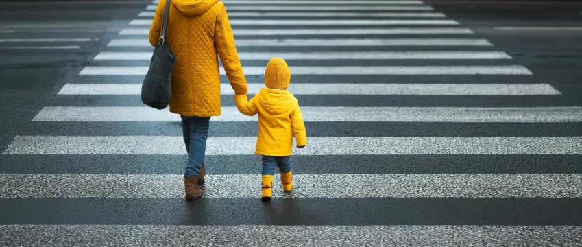 A parent crossing the street with a small child in their grasp at a pedestrian crossing