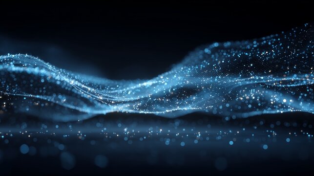 abstract data flow made of glowing blue particles moving in waves, dark background with light explosion at center, ai technology background - Powered by Adobe