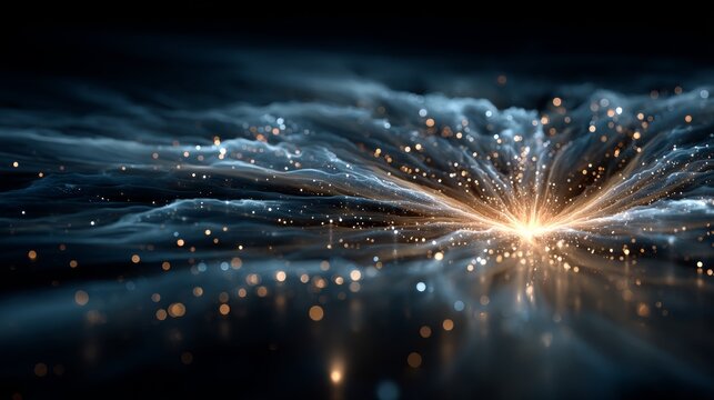 abstract blue particle explosion on dark gradient background, glowing light trails, sense of motion and energy, technology innovation theme