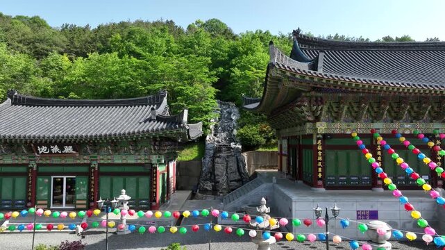 Drone video of Miryang Yeongsanjeongsa Temple in Miryang, South Korea