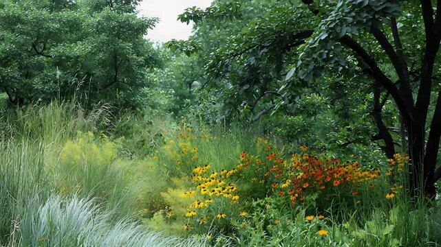 Lush Garden Meadow Abloom with Vibrant Yellow and Orange Wildflowers.