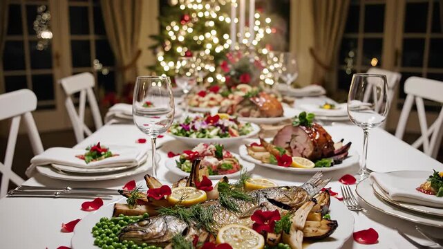 Festive holiday dinner is served with elegant fish dish, ham, and salad, perfect for a warm Christmas gathering christmas cooking overhead