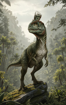 A vertical full shot captures an imposing Cryolophosaurus ellioti, a large theropod dinosaur from the Early Jurassic period, famously discovered in Antarctica