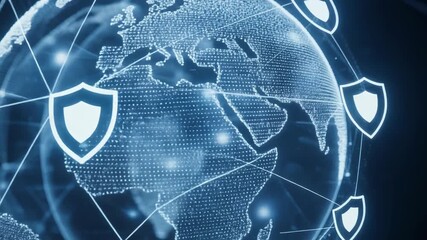 Global digital security network featuring futuristic shield icons circling a luminous Earth map illustrating data protection and technology connectivity - Powered by Adobe