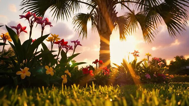 The vibrant flowers bloom under the glowing sun, creating a picturesque backdrop of colors against lush green grass. A tall palm tree stands proudly, framing the scene with its maj