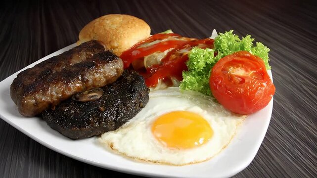 Delicious Cooked Breakfast Plate with Sausage, Egg, Tomato, and Bun.
