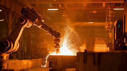 Medium shot of an armmounted robotic assistant precisely controlling molten metal pouring in a hightech casting facility under bright industrial lighting