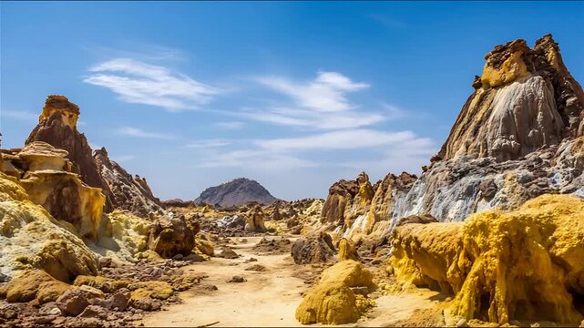 Alien desert landscape with bizarre geological formations under a bright blue sky.