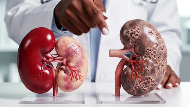Medical Doctor Compares Healthy and Diseased Kidney Models.