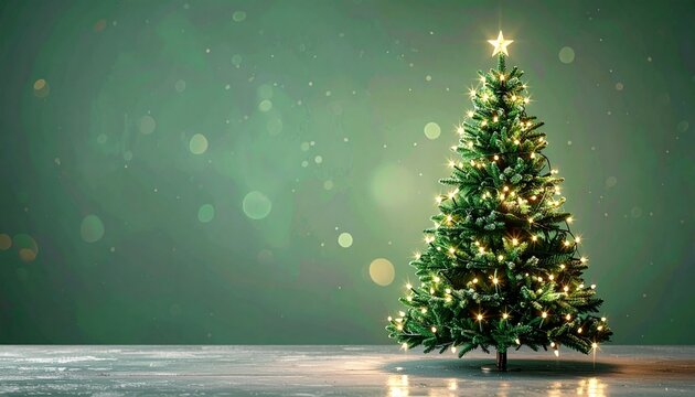 緑のクリスマスツリーが優しく輝くきらきら背景画像