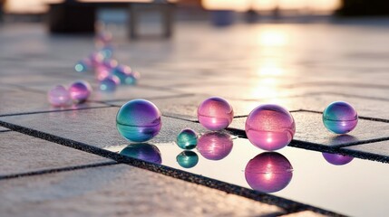 Close-up of several colorful spheres reflecting on a wet pavement surface, with a blurred background and warm sunset lighting.