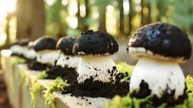 Row of Elegant Black and White Mushrooms Emerging from Rich Dark Soil Outdoors.