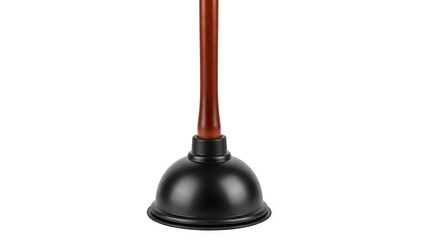 Black rubber suction cup plunger with brown wooden handle on white background