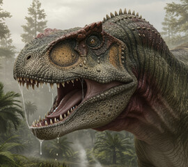Majungasaurus crenatissimus Cannibal Theropod fierce gaze and dripping saliva Madagascan Cretaceous predator epic jungle portrait
