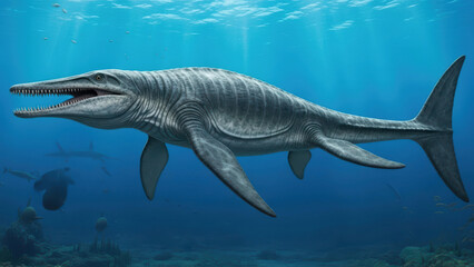 Fototapeta premium Mosasaur (Mosasaurus) Hunting Cretaceous marine apex predator with massive anatomy and powerful flippers a dominant force in ancient oceans