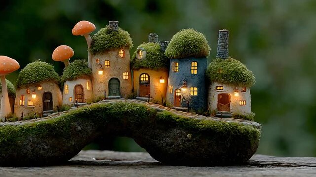 Enchanting Miniature Village with Mushroom Roofs Glows Warmly at Dusk.