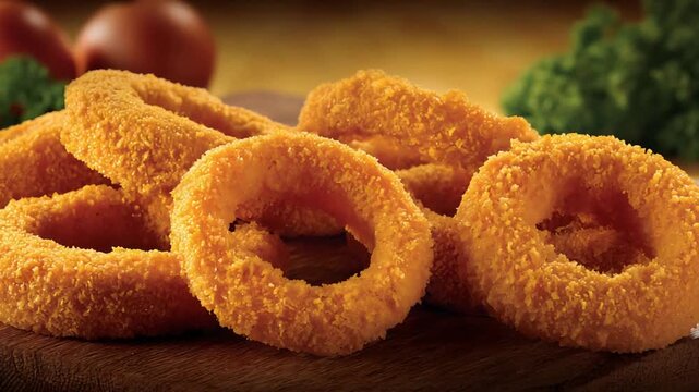 Golden Crispy Onion Rings Pile Appetizing Delicious Snack on Wooden Board.