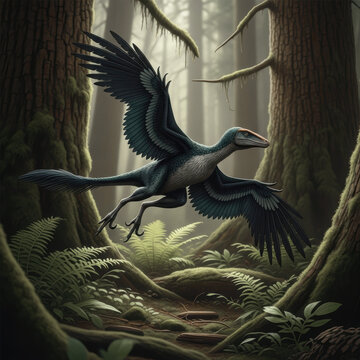 Microraptor (Microraptor zhaoianus) glides through the forest, the small four-winged dromaeosaurid with iridescent feathers soaring between Cretaceous trees