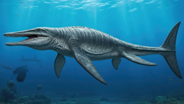 Mosasaur (Mosasaurus) Hunting Cretaceous marine apex predator with massive anatomy and powerful flippers a dominant force in ancient oceans