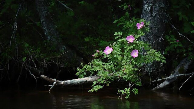 Serene Pink Wildflowers Bloom Beside Dark Forest Stream with Fallen Log.
