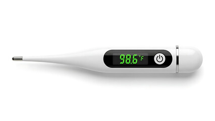 A modern electronic clinical thermometer isolated on a white background showing 98.6 F
