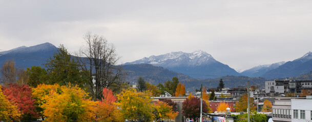 Cheam mountain range as seen from District 1881 downtown Chilliwack during a fall season in the Fraser Valley, British Columbia, Canada.
