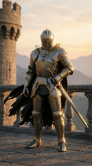 Fototapeta premium A solitary knight stands vigilant on a castle battlement, embodying strength and readiness with his gleaming armor and sword.