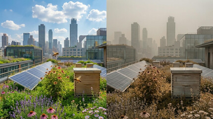 A juxtaposition of a vibrant, eco-friendly rooftop garden contrasted with an image of air pollution over a city, emphasizing environmental sustainability and its challenges.