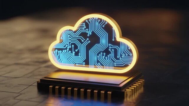 Golden cloud computing icon featuring glowing blue electronic circuit patterns standing on top of a microprocessor chip global digital data storage concept