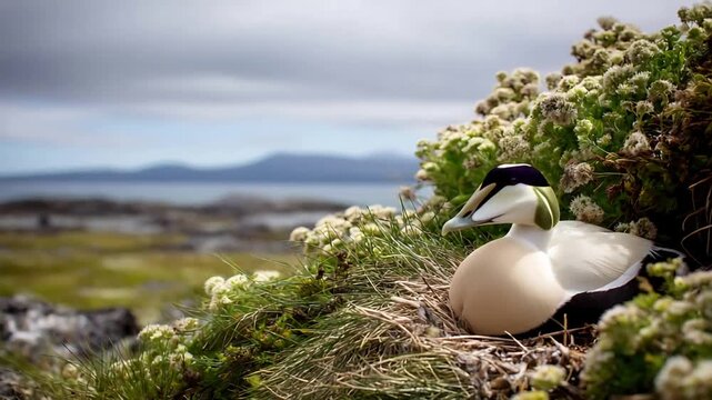 Majestic Eider Duck Rests in Natural Nest Amidst Coastal Wildflowers.