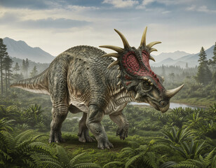 Obraz premium Styracosaurus albertensis, a large herbivorous dinosaur of the Ceratopsid family, known for its impressive cranial structures