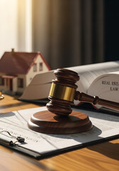 An image of real estate law with a gavel and a miniature house symbolise the process of buying or selling property.