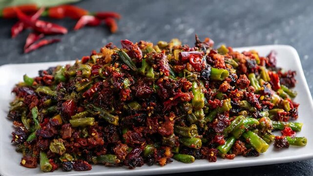 Savory Spiced Green Beans with Dried Chilies and Crispy Bits on a White Plate.