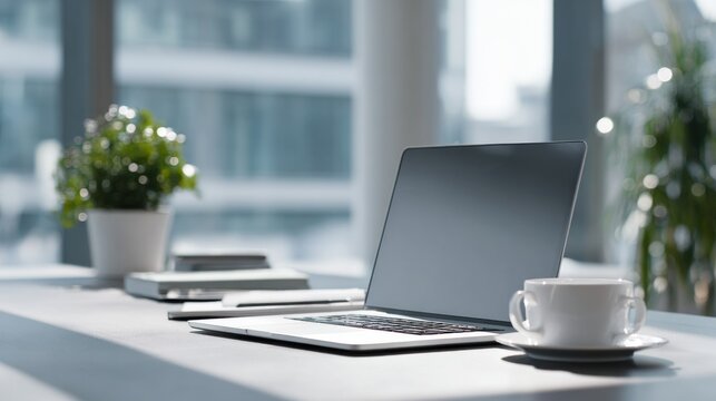 Modern workspace setup with laptop, coffee and greenery in an office environment