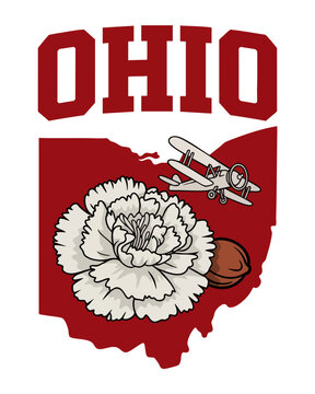 Vintage Ohio state emblem illustration with carnation flower, buckeye nut and retro airplane in red college style graphic design