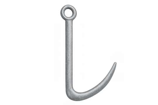 Silver metal fishing hook with transparent background