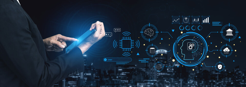 An advanced AI system for business and financial analysis. A futuristic interface for commanding an AI to process data from various domains. Motif - Powered by Adobe