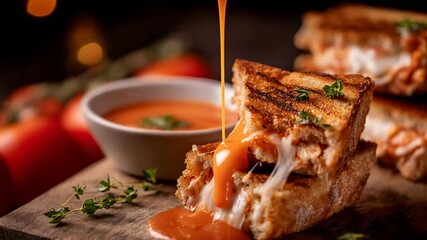 Gourmet Grilled Cheese Sandwich Dipping Into Creamy Tomato Soup, A Comforting Meal. - Powered by Adobe