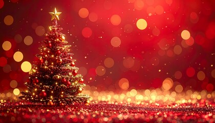 赤と金の光が広がるクリスマスツリーきらきら背景画像