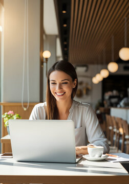 A focused young woman works diligently on her laptop. She sips her coffee, bathed in natural light, in a bright, modern interior space. The setting exudes a sense of tranquility and productive work.