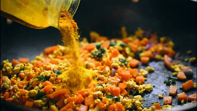 Vibrant Turmeric Powder Sprinkled Over Freshly Cooked Tofu Scramble.