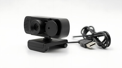 Black computer webcam with a privacy shutter and USB cable on a white background