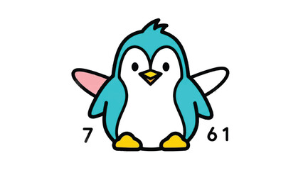 Obraz premium Cute cartoon penguin with numbers 7 and 61 on its body.