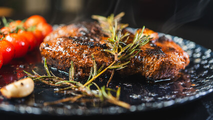 Whole rare rump steak served on a beautiful plate, topped with garlic and rosemary. Steam rising from the juicy meat with a golden crust. Ready to eat, gourmet presentation.