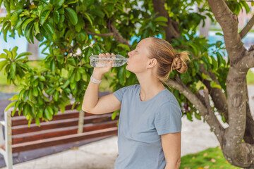 A woman drinking water in a sunny park after finishing her workout. Hydration, fitness and outdoor wellness. Healthy lifestyle, self-care, summertime exercise and active living concept