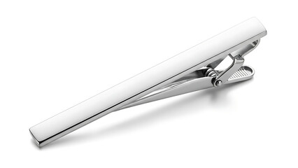 Shiny silver tie clip isolated on white background, formal accessory for style and elegance