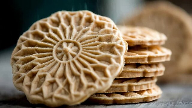 Close up of delicious patterned cookies stacked on a textured surface.